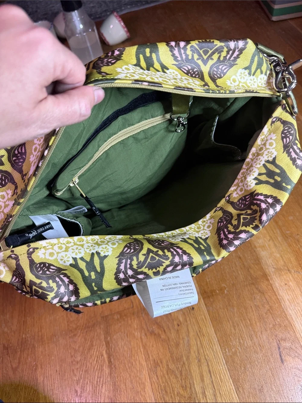 Petunia Pickle Bottom Olive Green Printed Messenger Bag with Pink Accents